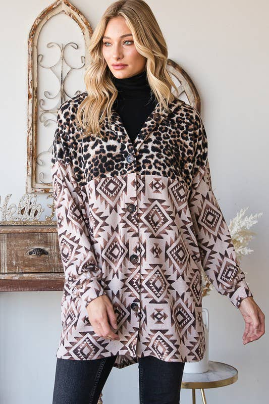 BROWN TAUPE EJ6720-15 AZTEC AND ANIMAL LEOPARD BUTTON DOWN SHACKET for wholesale on Faire11