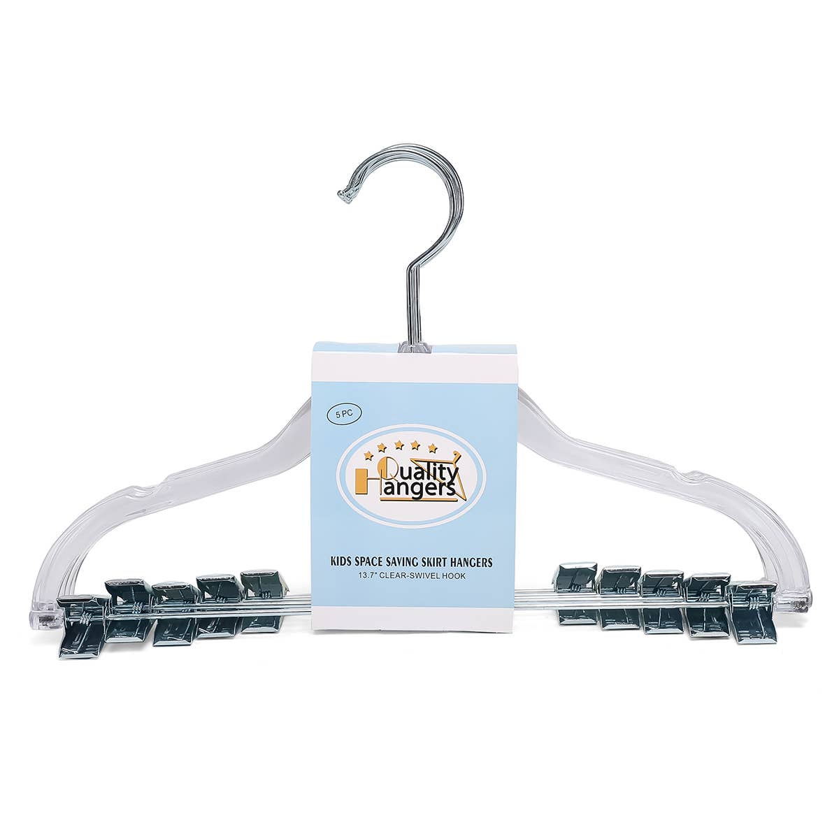 Quality Hangers - Wholesale Clothes Hangers - P355 - 13.5" Kids Clear Plastic Skirt Hangers W Clips 5 Pack1