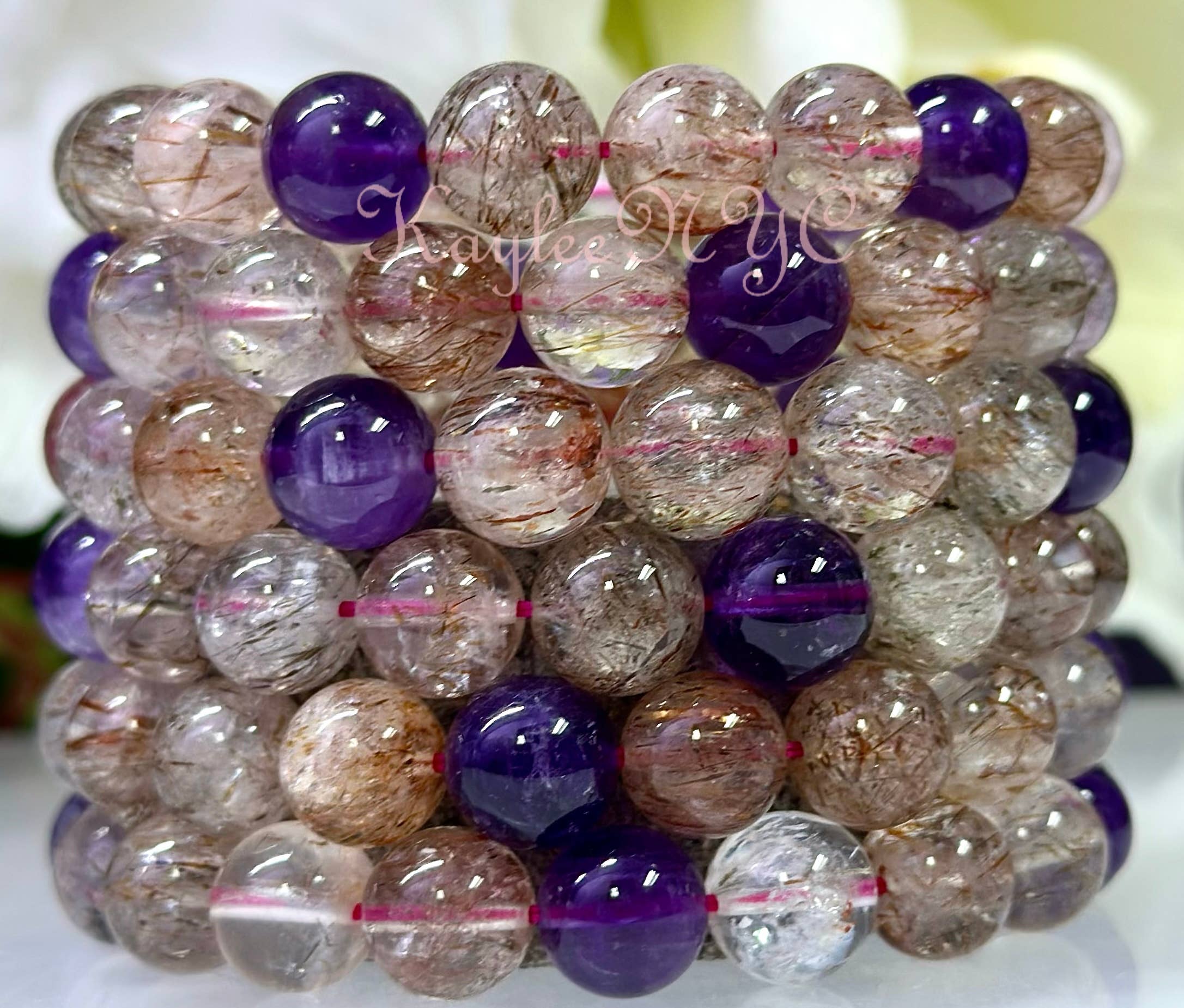 KayleeNYC - Wholesale Beaded bracelet - Natural Super 7 Melody Rutilated 10mm 8” Stretch Bracelet