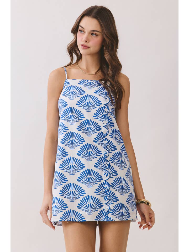 Blue CD06816-Shell Print Front Scallop Trim Mini Dress for wholesale on Faire1