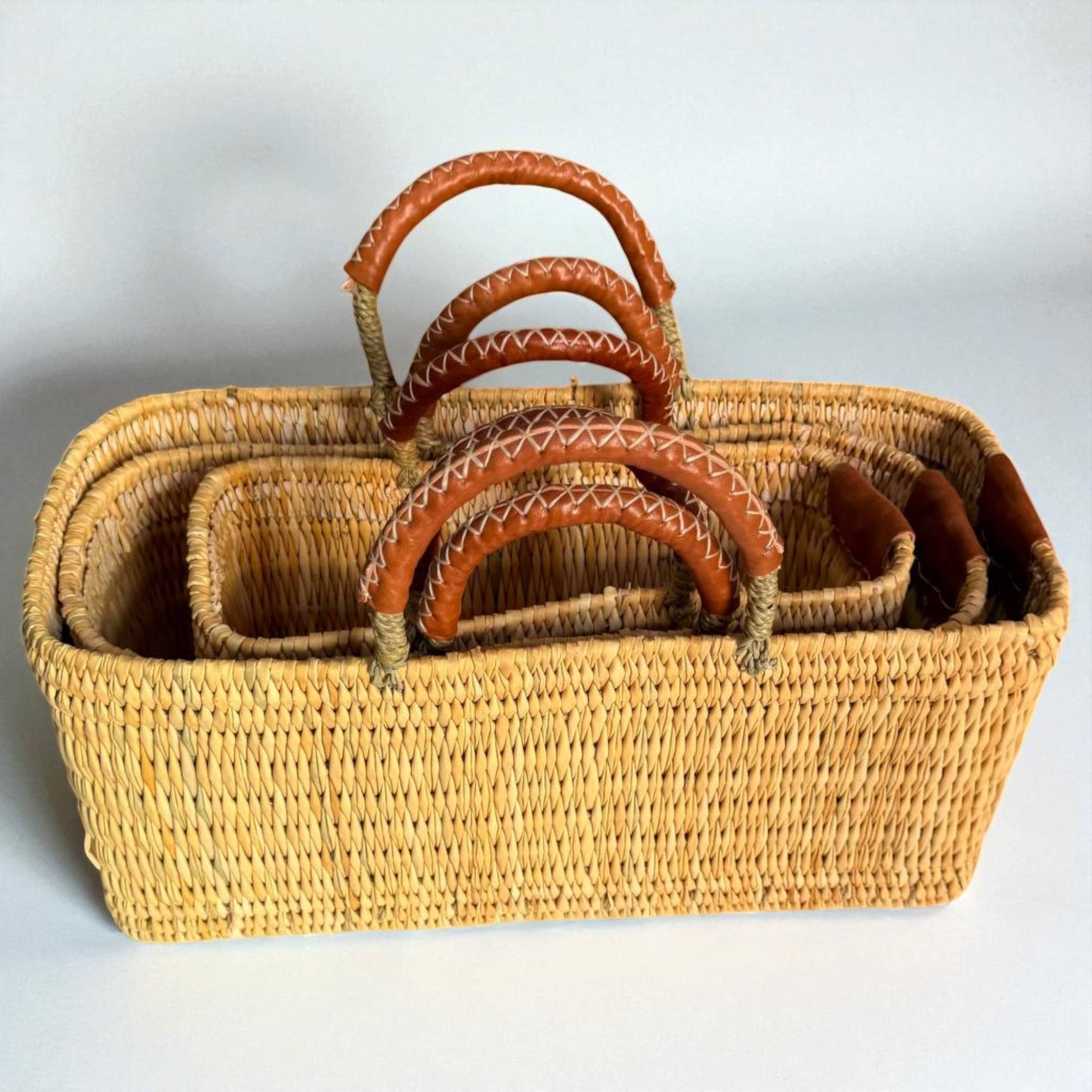 Melecraft - Vente Paniers - Ensemble de paniers en roseau naturel - Avec cuir marocain fait main1