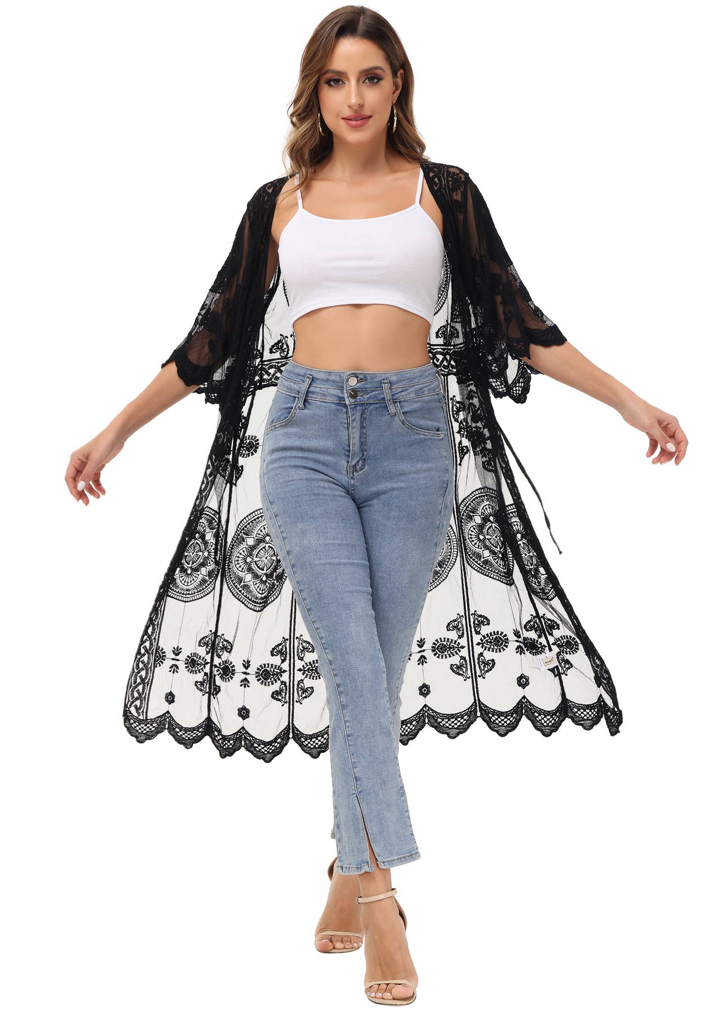 Anna Kaci Wholesale - Wholesale Swim Cover Up - Women's - Half Sleeve Tie Front Embroidered Lace Kimono Cardigan Cover11