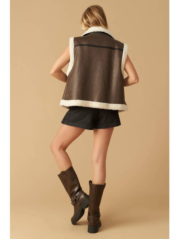 Brown A faux leather/sherpa vest - IJ10242 for wholesale on Faire3