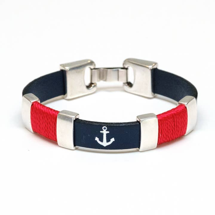 Chatham - Navy/Red/Silver - Leather Anchor Bracelet for wholesale by Allison Cole Jewelry