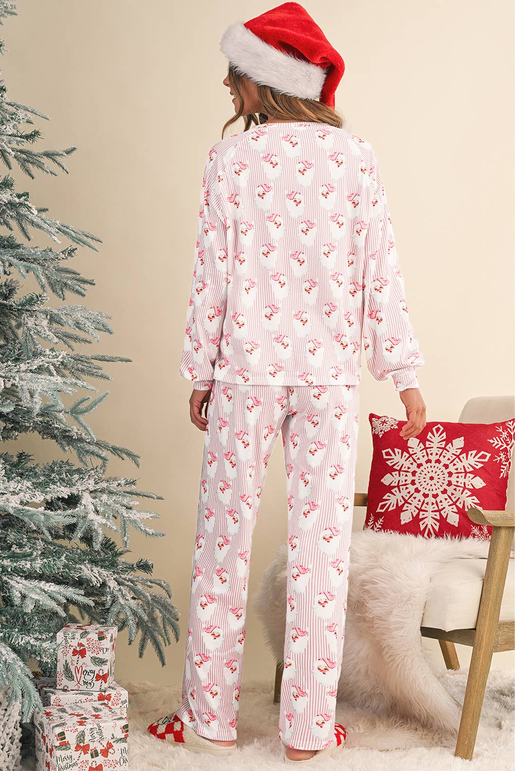 As shown  Christmas  Santa Claus Striped Print  Lounge Set | S-XL for wholesale on Faire4