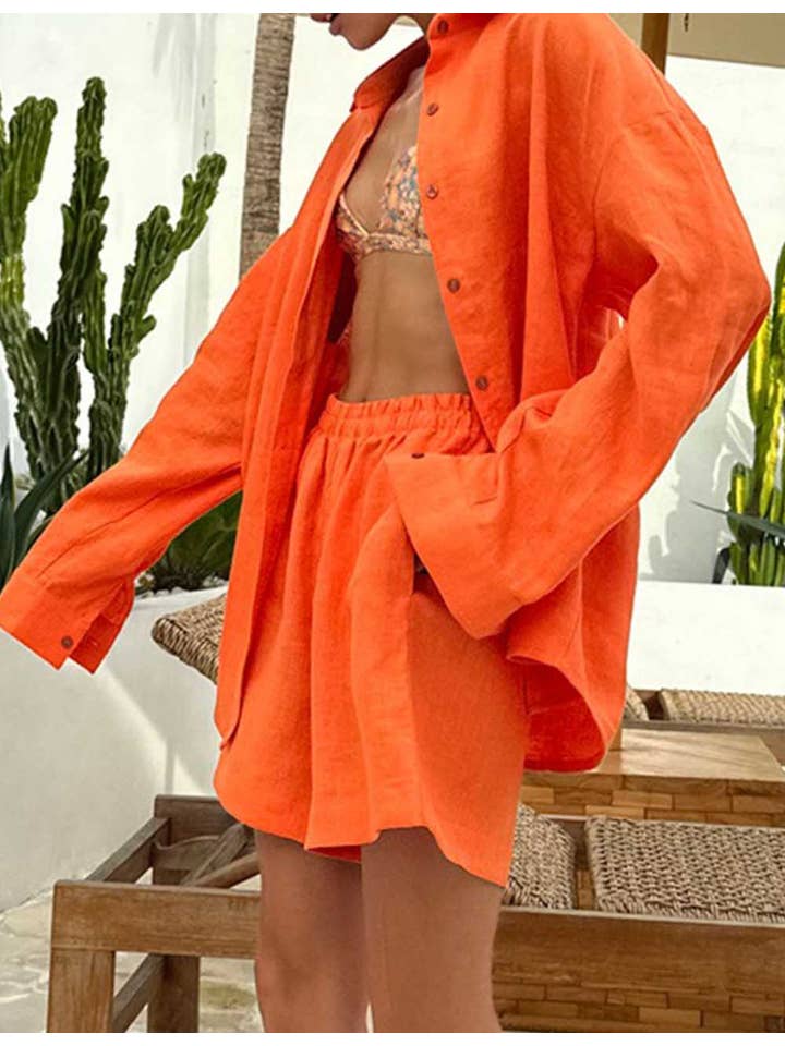 Sweetkama - Wholesale Top & short set (NOT loungewear) – Women’s - Ladies Solid Color Button Down Long Sleeves Shirt & Shorts Set15