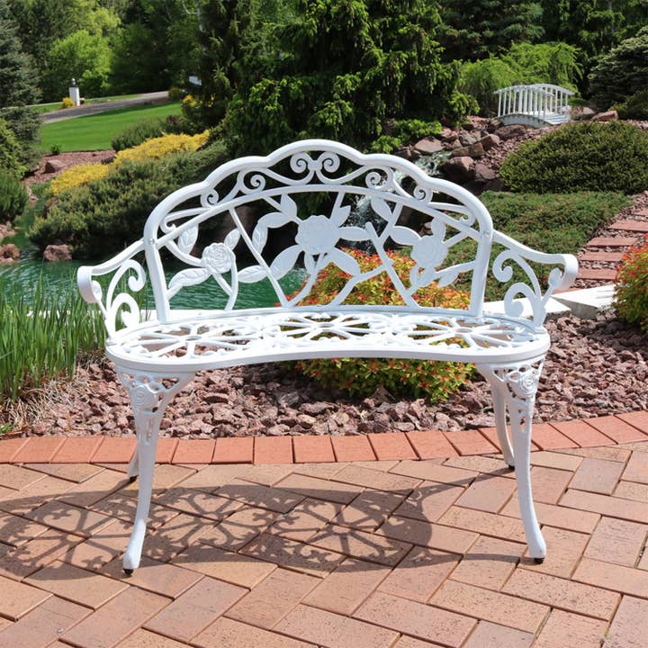 Banc de jardin extérieur en aluminium moulé rose pour 2 personnes, blanc pour la vente par Sunnydaze Decor