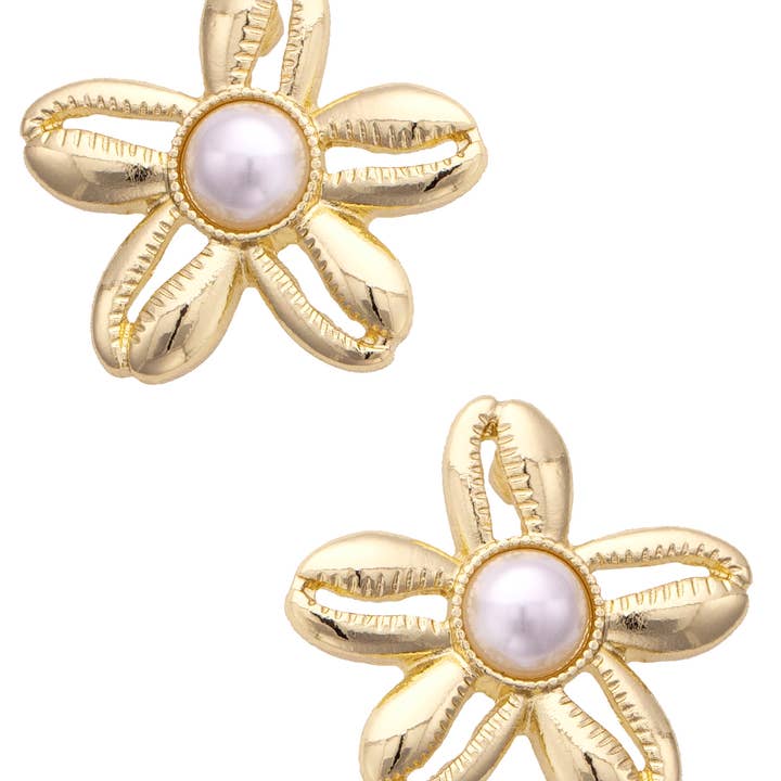 Shell Flower Stud Earrings in Shiny Gold for wholesale by Canvas Style