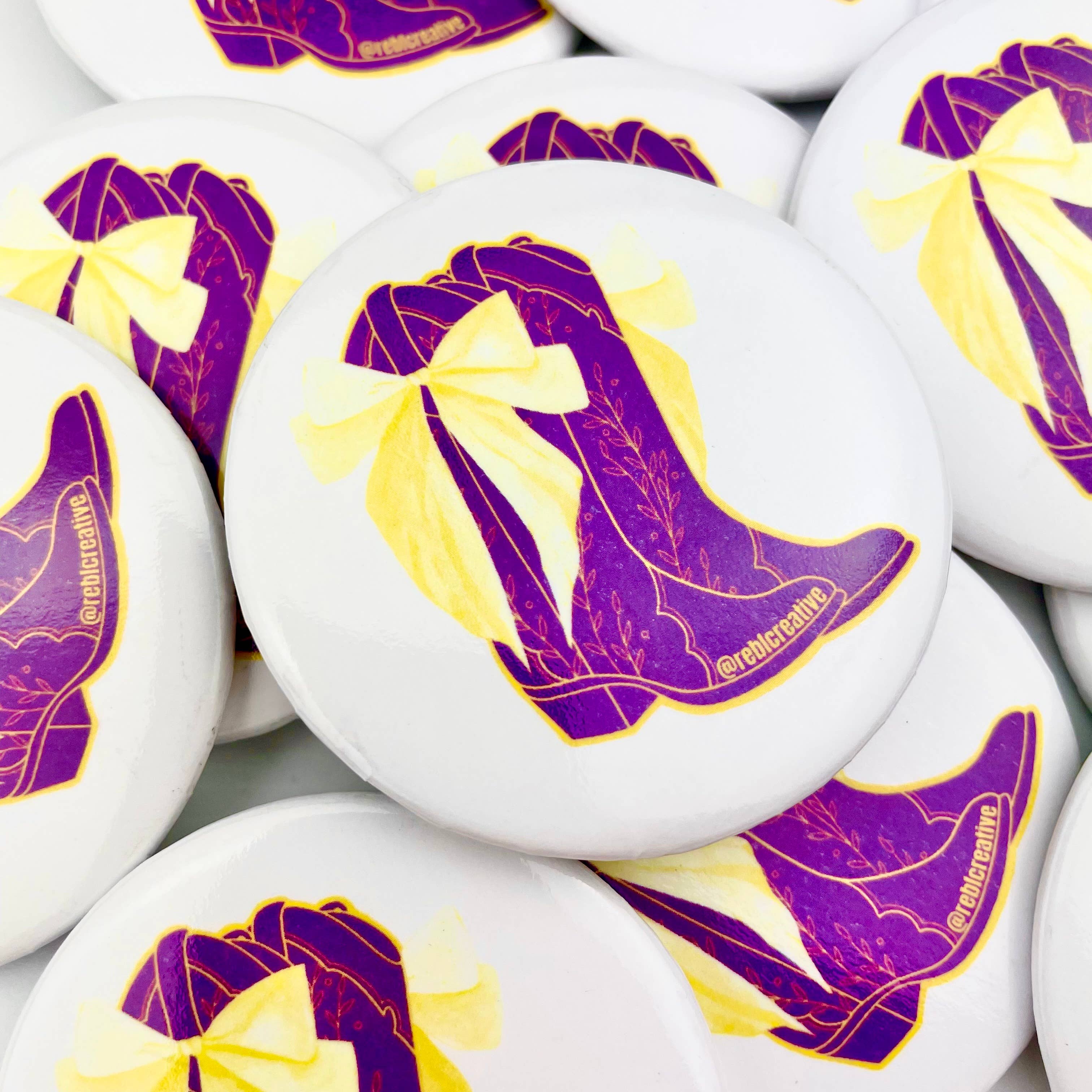 REBL Creative - Wholesale Lapel Pin/Button - Bows and Boots - Purple and Yellow - Game Day Button2