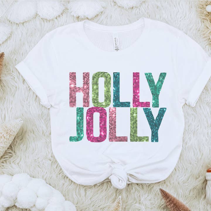 Maglietta grafica natalizia Holly Jolly con glitter finto per la vendita all'ingrosso da parte di Par.tees by Party On!