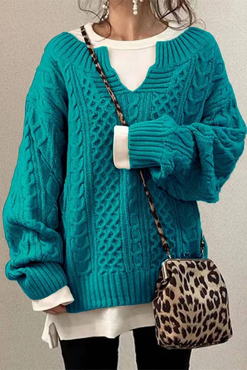 NINEXIS - Wholesale Knit Sweater - Women's - CWOSWL07652_SOLID COLOR LOOSE LONG-SLEEVED CABLE SWEATER0