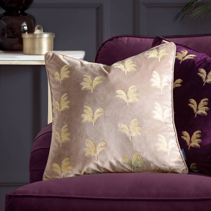 Guilded Palms Embroidered Cushion Mink for wholesale by Riva Home