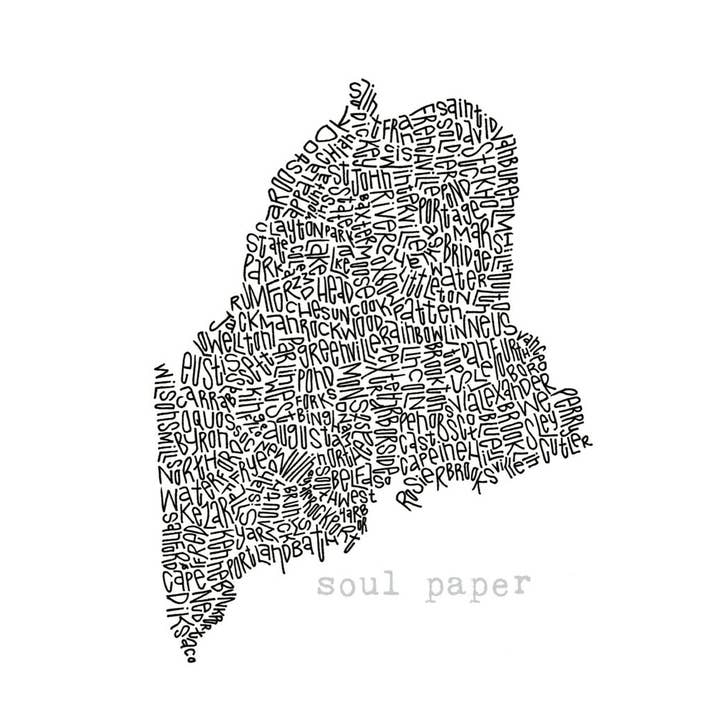 Maine Map on White Paper, 8.5x11 for wholesale by Soul Paper