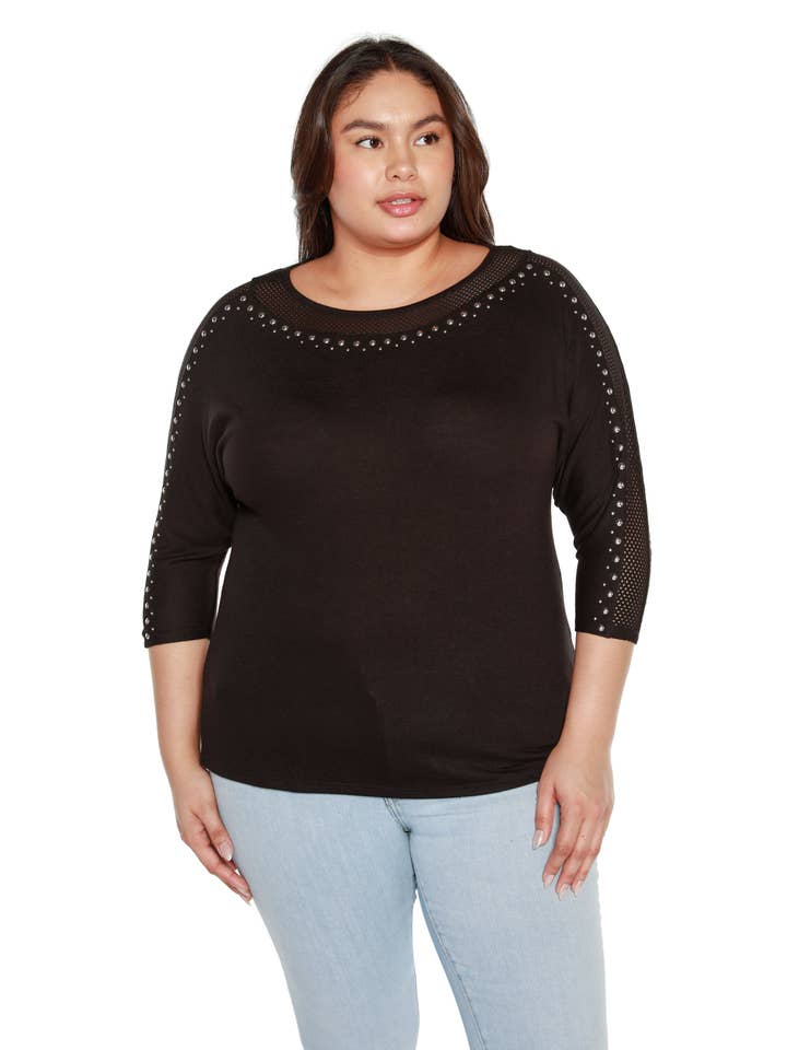 Plus Size Dolman Top with Studs and Mesh Inset for wholesale by Belldini