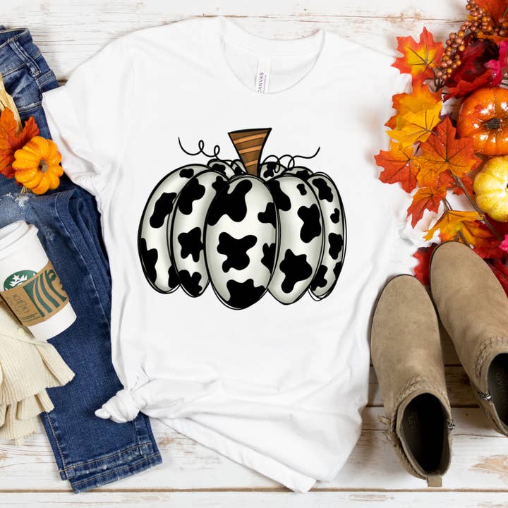 Fall Cow Pumpkin T-Shirt; Fall tee for wholesale by Shells Primitives/No Place Like Home