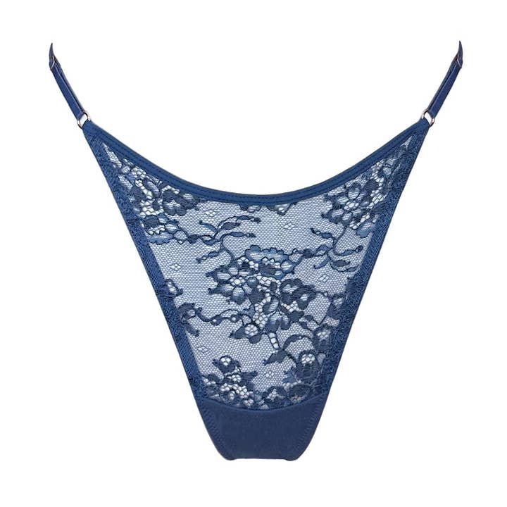 Wild Lace Adjustable Thong Dark Denim Blue for wholesale by Monique Morin Lingerie