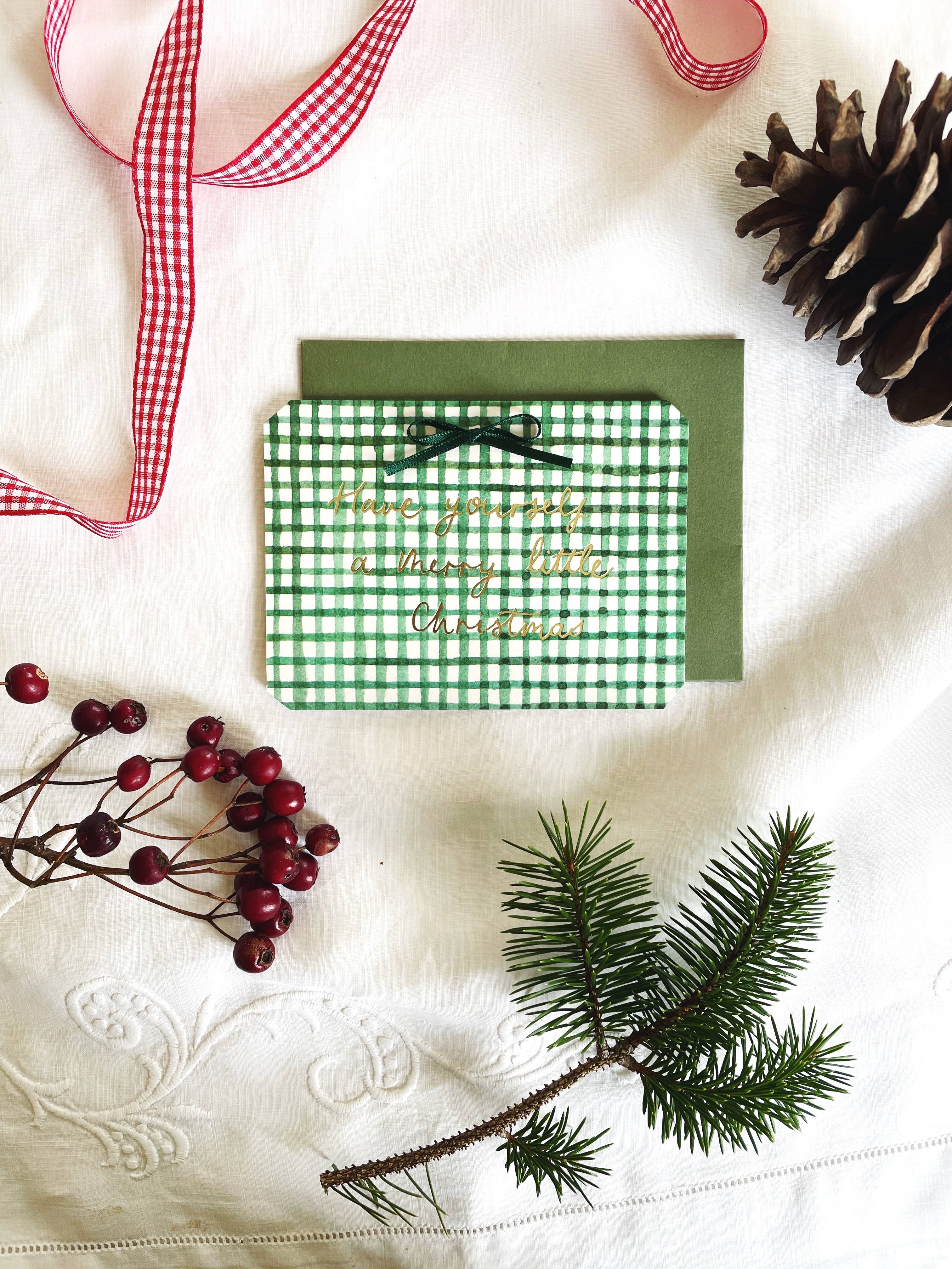Annie Brougham Paper Goods. - Wholesale Christmas Card - Green Gingham Petite Foiled Bow Christmas Card2