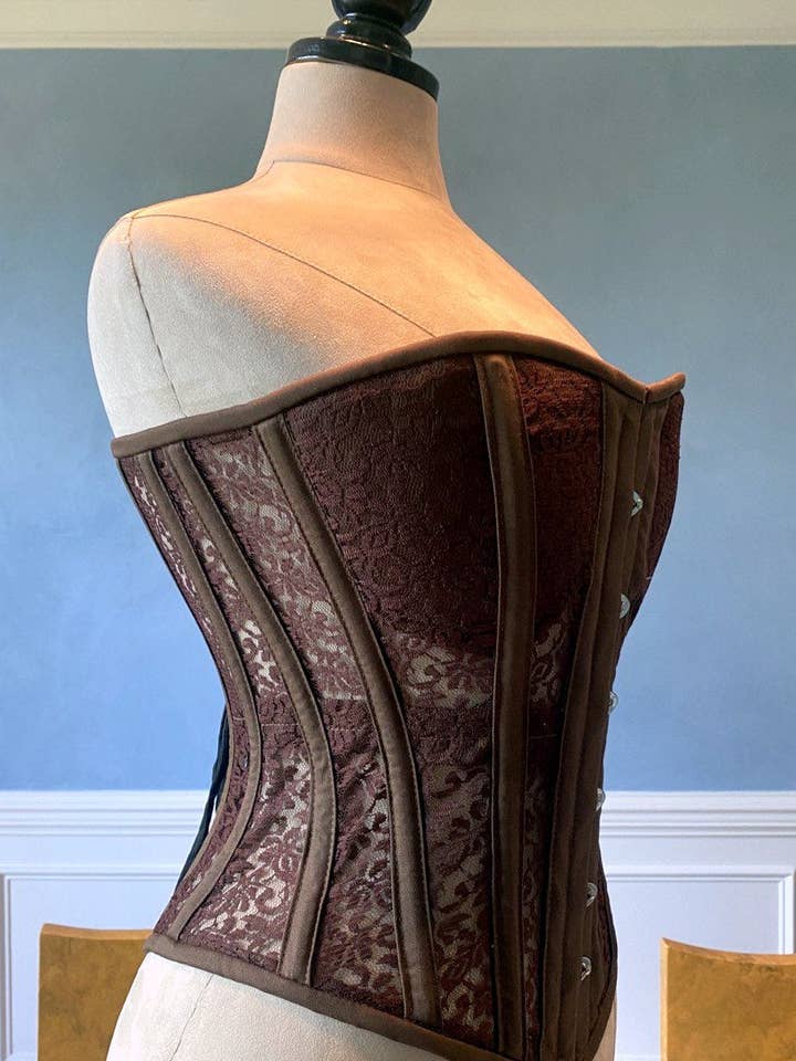 Overbust mesh authentic corset with cups in chocolate brown and other colors. Gothic Victorian, steampunk affordable, historical corset for wholesale by corsettery