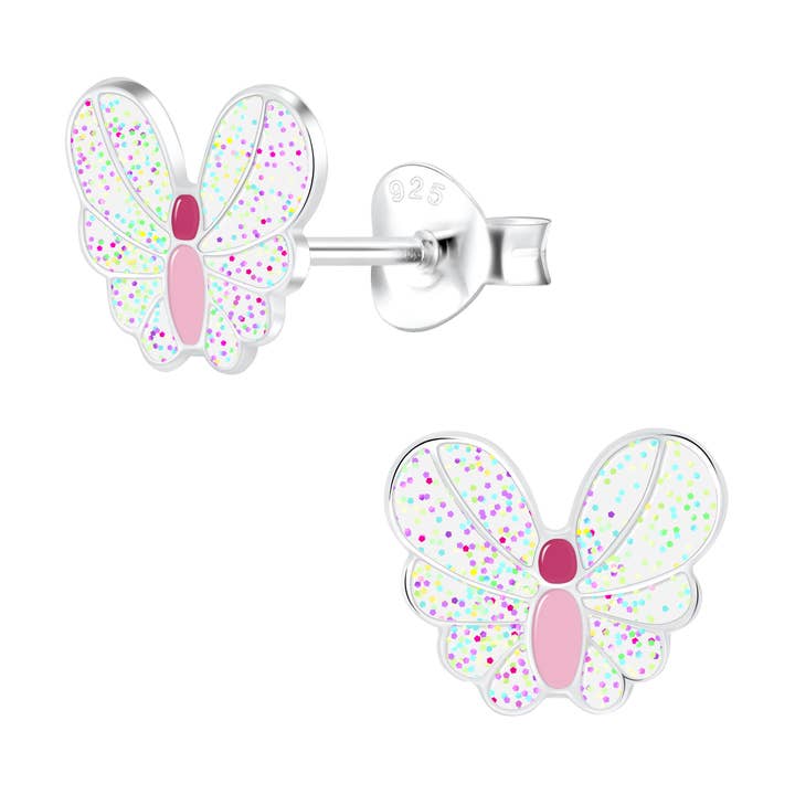 Pendientes mariposa blanca purpurina plata 925 e-coated para venta al por mayor de Janusch