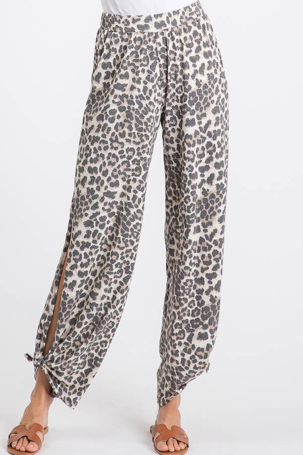 Mocha Leopard Print Lightweight Split Side Ankle Tie Pants P3377 for wholesale on Faire11