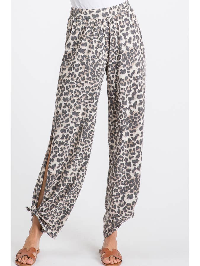 Mocha Leopard Print Lightweight Split Side Ankle Tie Pants P3377 for wholesale on Faire11