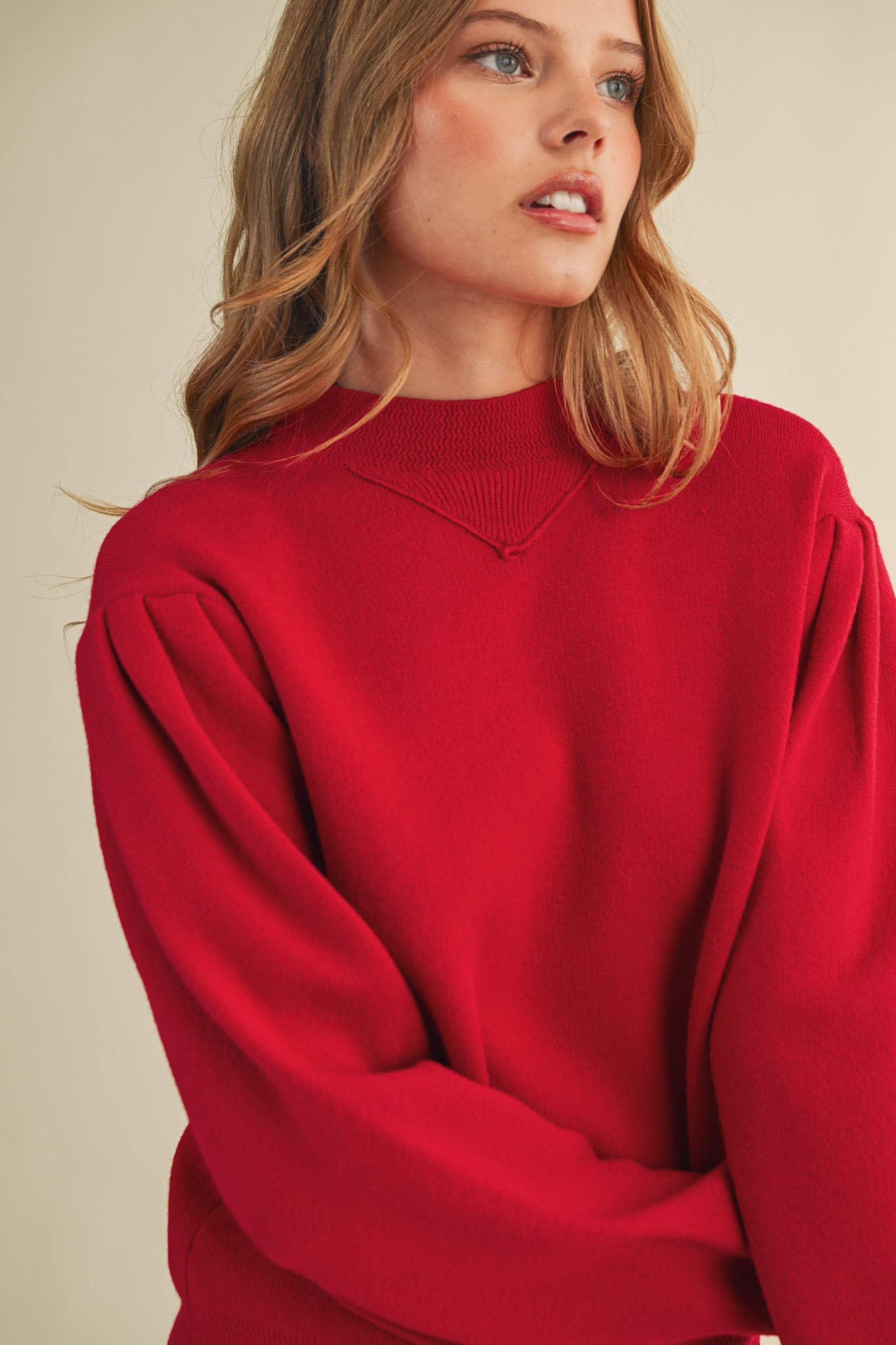 &MERCI - Wholesale Knit Sweater - Women's - MOCK NECK PUFF SLEEVE SWEATER MSW1103037