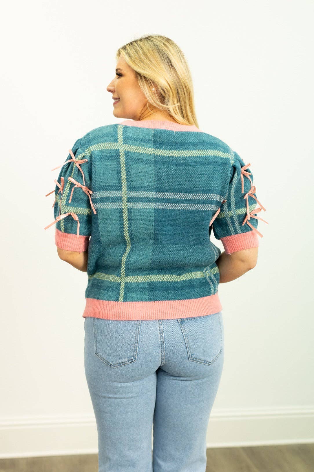 Turquoise Plaid Sweater with Puff Sleeves for wholesale on Faire4