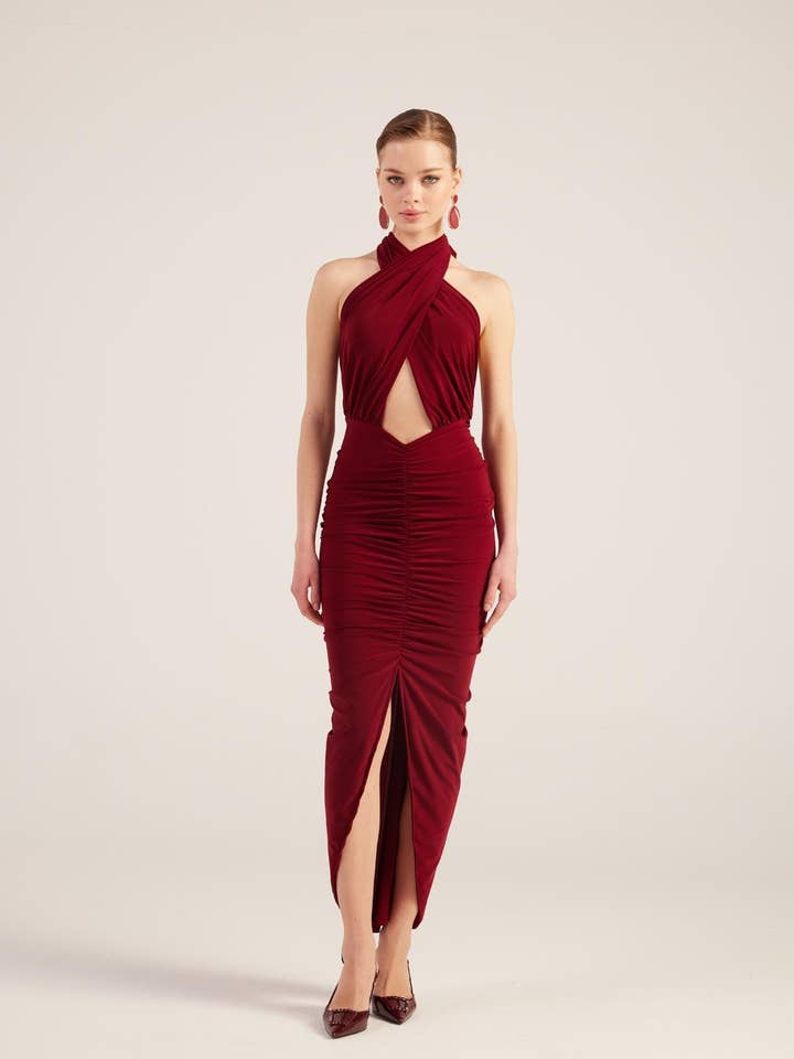 Buy Me Fur – wholesale Klänning - Dam – Marie Burgundy Rygglös Slits Maxi Klänning