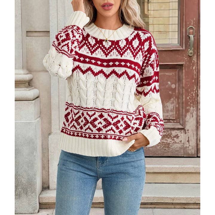 Red Ethnic Vintage Warm Round Neck Long Sleeve Sweater BFZY1726 for wholesale on Faire4