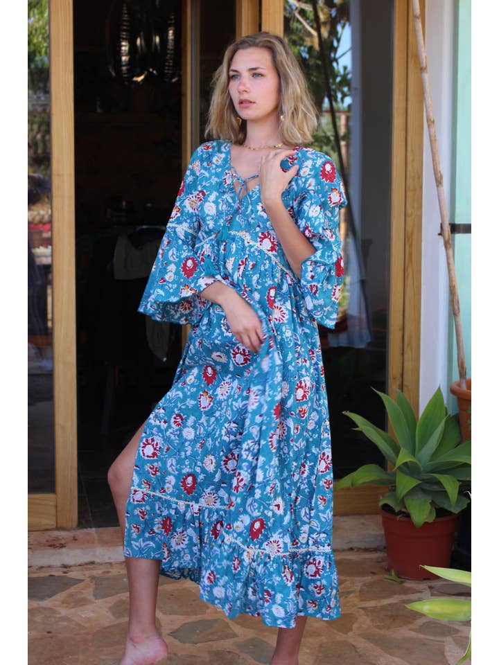 Aurobelle Ibiza - Wholesale Dress - Women's - Byron boho dress long in Jaipur blue hand block print