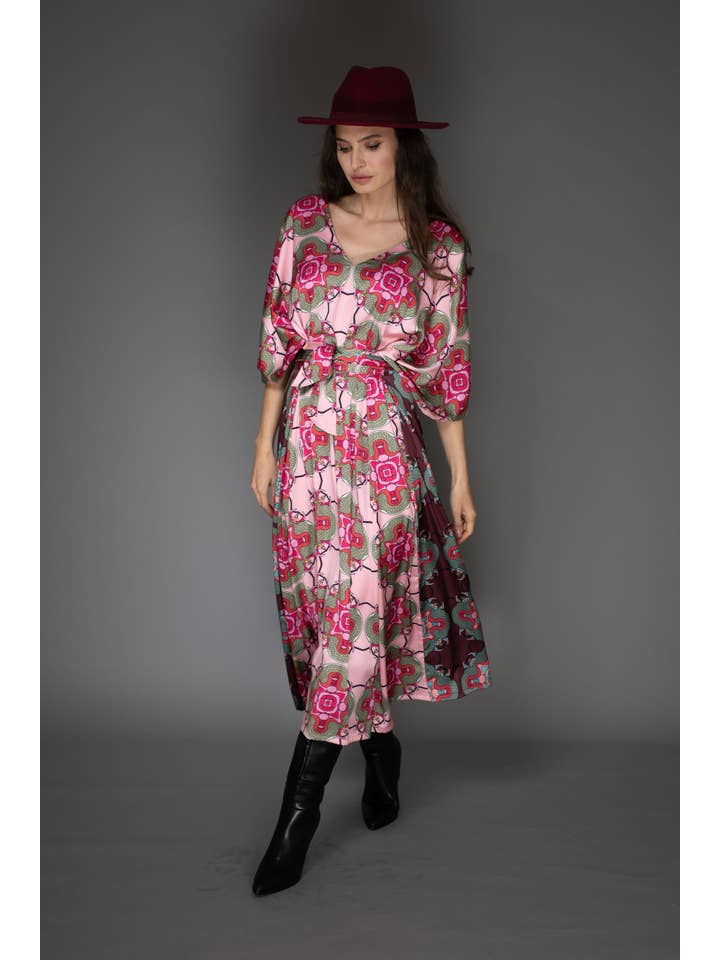 Nuvula - Wholesale Kaftan – Women's - Pink Abstract Multicolor Belted V-Neck Kaftan Satin Dress2