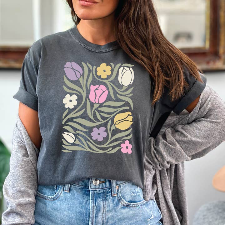 Tulip Floral Graphic Tee –Boho-Inspired Botanical Top S–4XL for wholesale by Homeward Threads