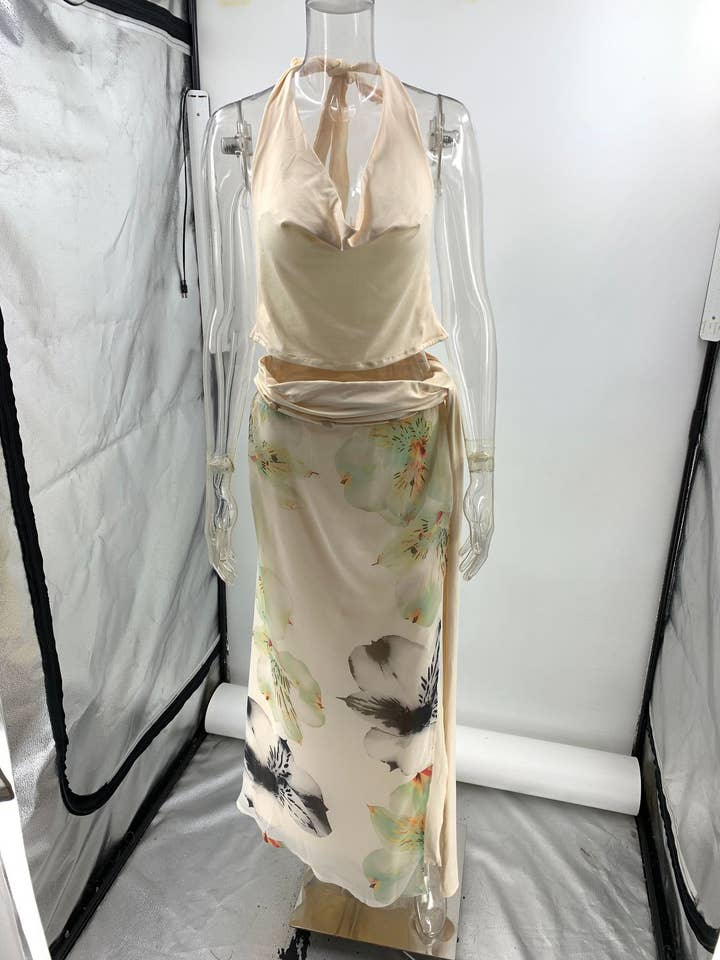 Apricot Backless Halter Top & Printed Bodycon Skirt Set JRM132 for wholesale on Faire