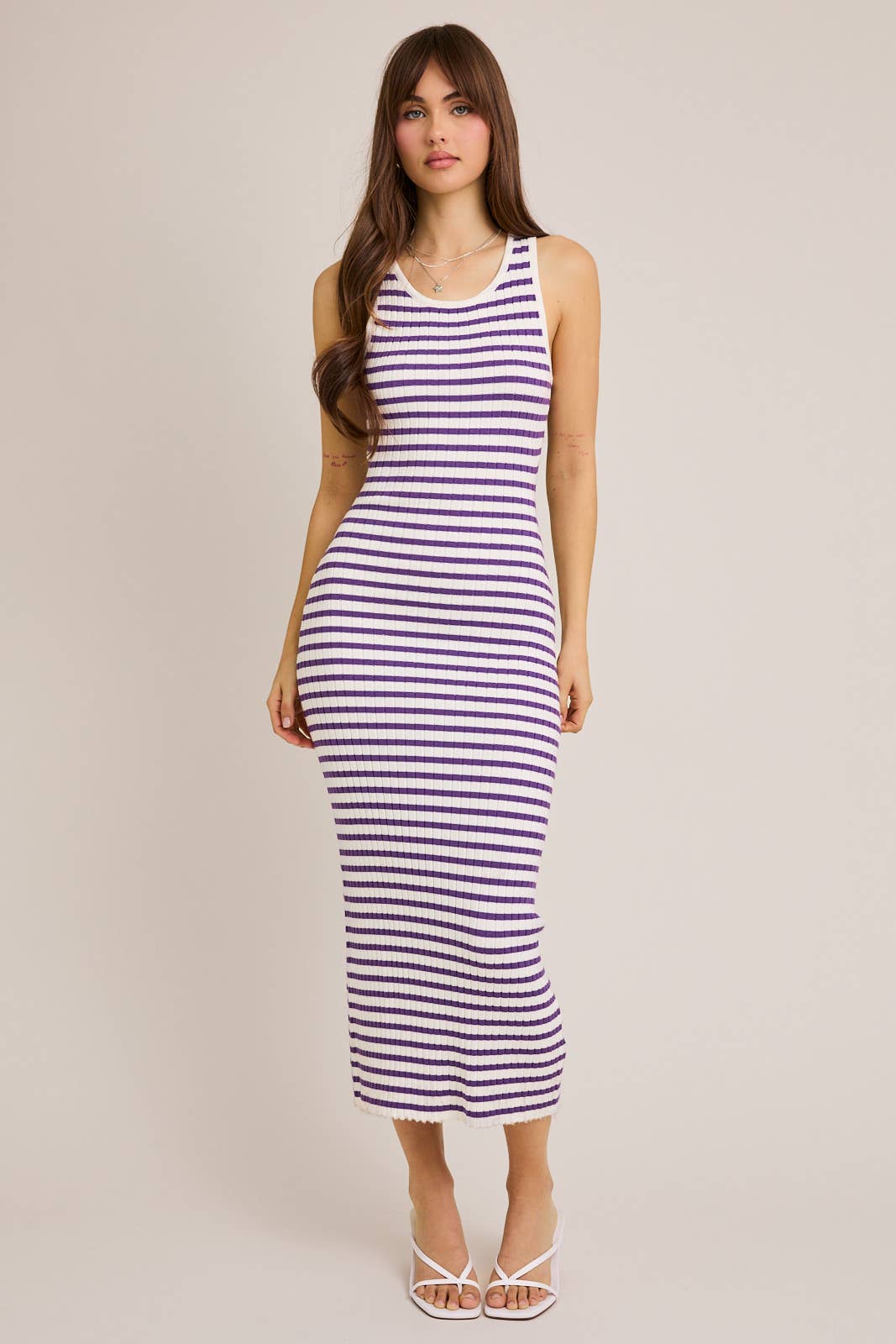 LE LIS - Wholesale Dress - Women's - SLEEVELESS ROUND NECK STRIPED RIB SWEATER DRESS22