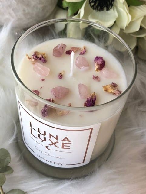 Rose Quartz Luxe soy wax crystal candle for wholesale by Lunastry