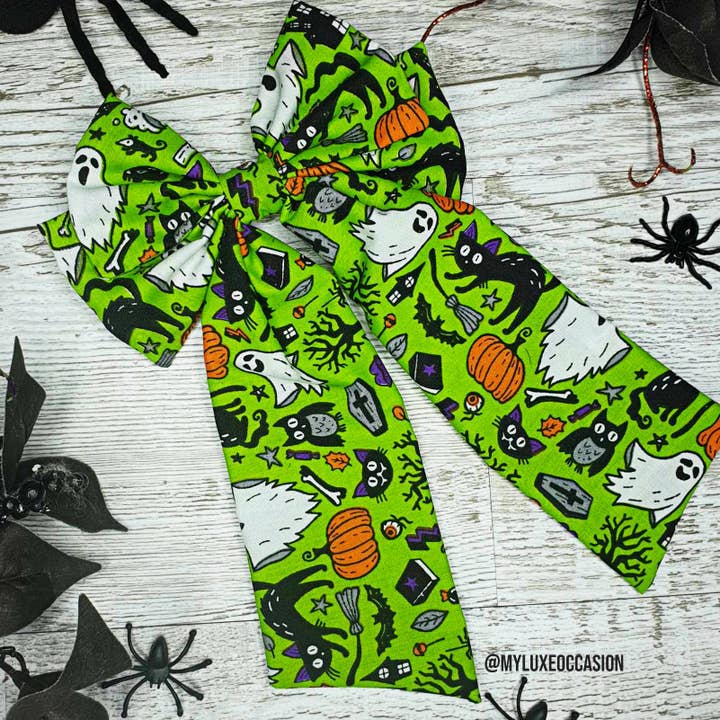 Lime Green Spooky Ghosts and Cats Halloween Bow for wholesale by My Luxe Occasion