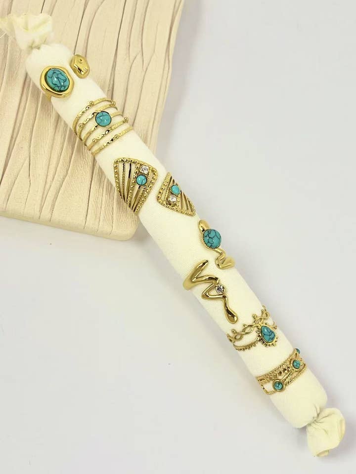 Set of 6 Rings Adorned with Turquoise Stones – Bohemian Style for wholesale by COSMOS