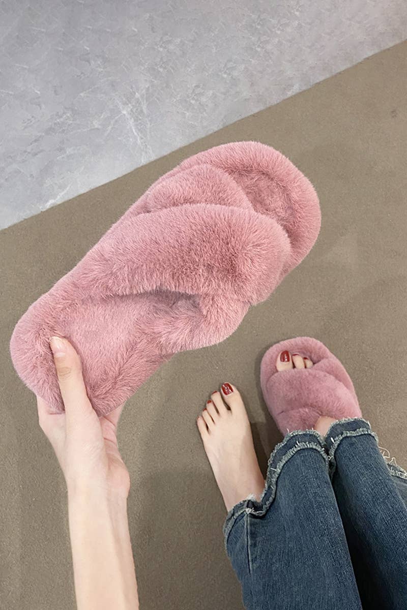 ACCITY - Wholesale Slippers - Women's - CROSS STRAP FLUFFY BEDROOM SLIPPERS_CWSHS022613