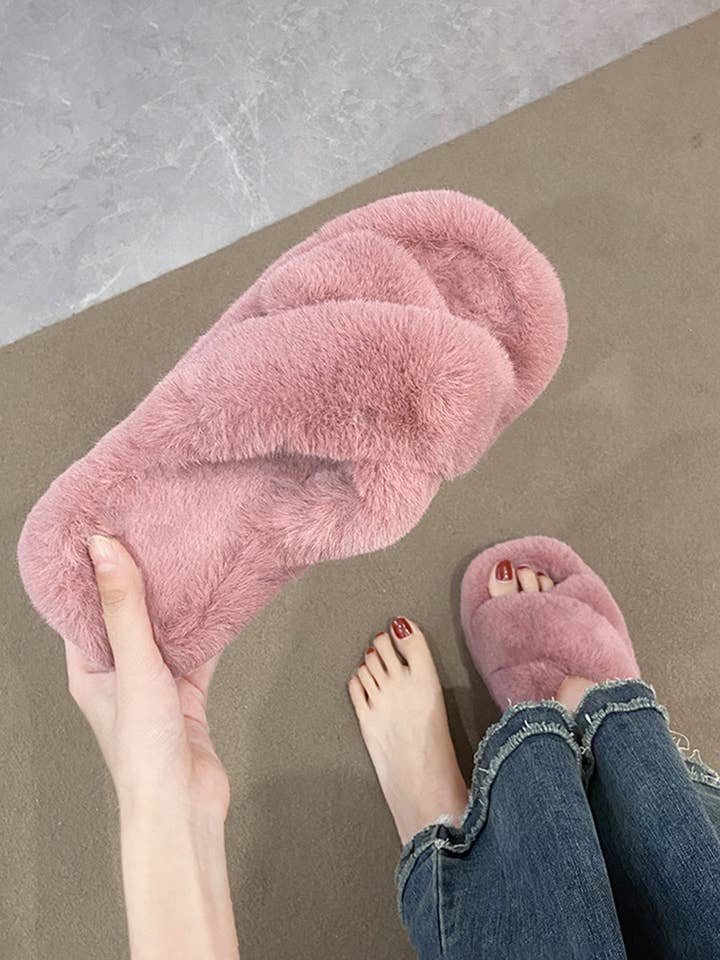 ACCITY - Wholesale Slippers - Women's - CROSS STRAP FLUFFY BEDROOM SLIPPERS_CWSHS022613