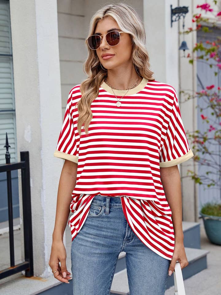 Lovesoft – wholesale T-shirt – women's – Striped Collision Round Neck Short-sleeved10