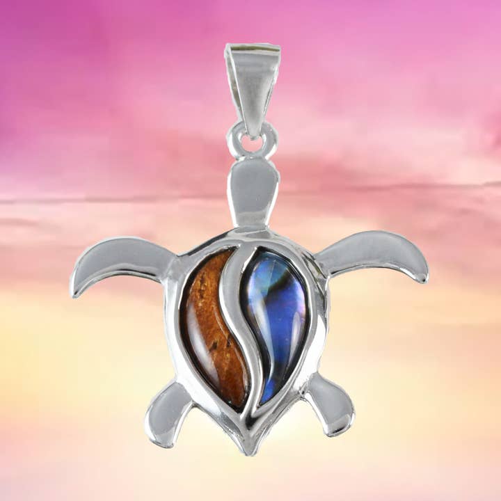 Genuine Koa Wood Abalone Sea Turtle Pendant in Sterling Silver, N9470 Paradise Treasures Jewelry for wholesale by Paradise Treasures Jewelry