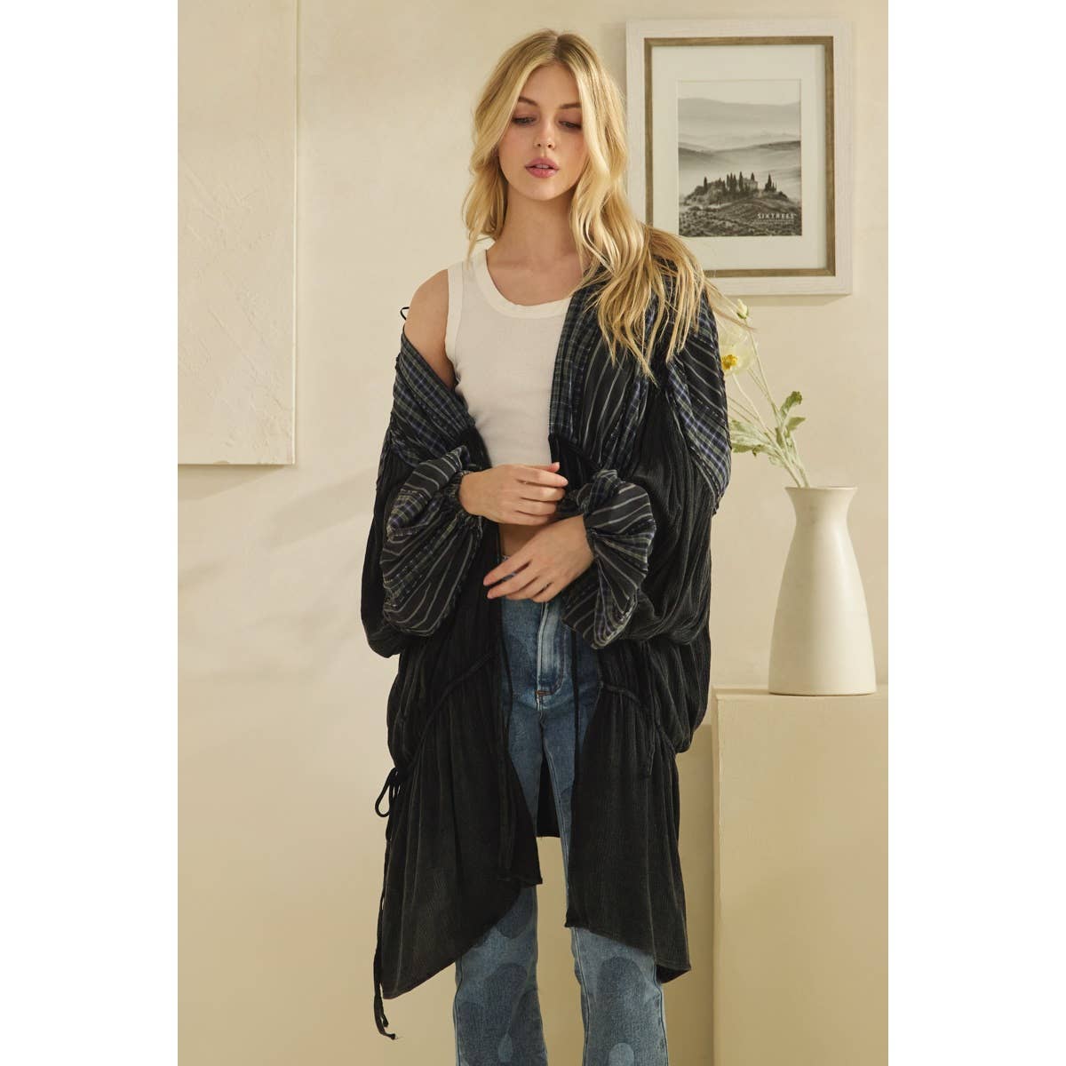 Oli&Hali - Wholesale Cardigan - Women's - WASHED FRONT TIE DRAWSTRING CLOSURE DUSTER12