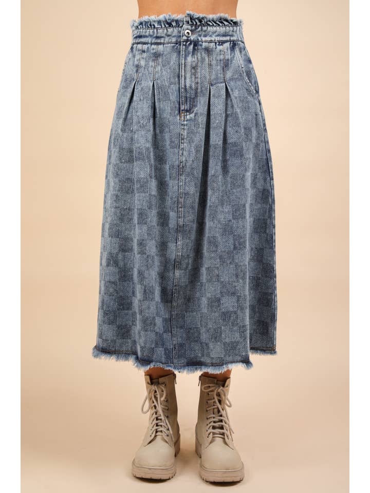 VERY J - Wholesale Skirt - Women's - VS50944-Washed Checkered Denim Midi Skirt