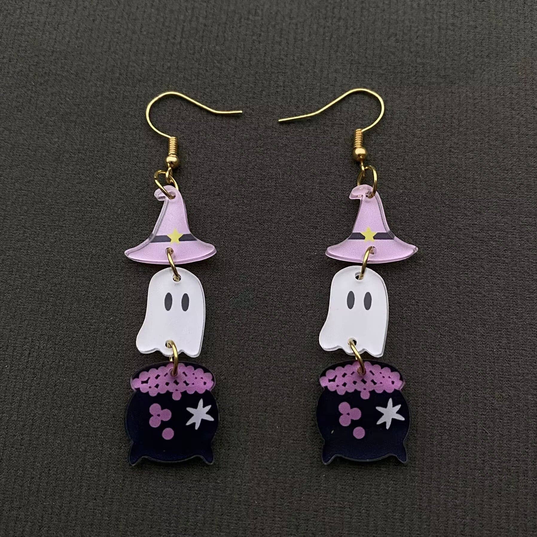 Mio Queena - Wholesale Dangle Earrings - Halloween Acrylic Magic Potion Jar & Ghost Dangle Earrings2