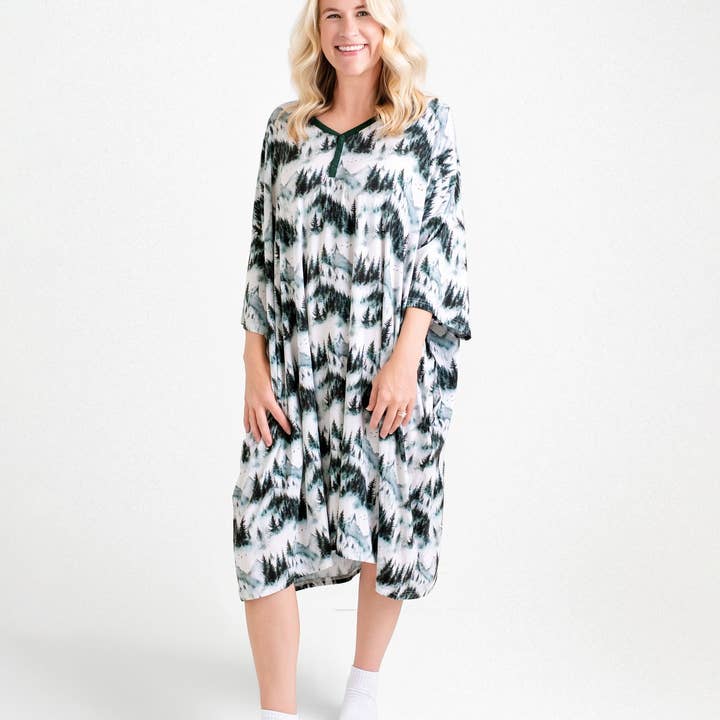 Mountain Mist Women's Muumuu Lounge Tee Christmas (One size Fits XS - XXL) bamboo women pajama, bamboo muu muu sleepwear, bamboo nightgown, loungewear, bamboo night dress, loose fit sleepwear, breathable pajamas, comfortable pajama dress for wholesale by Jammie Session formerly Big Dreams Little Jammies