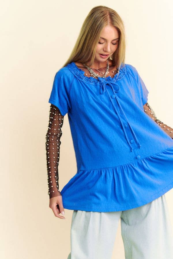 Davi & Dani - Vendita all'ingrosso Maglietta - Donna - TOP PEPLO A MANICHE CORTE CON SCOLLO IN PIZZO TINTA UNITA3