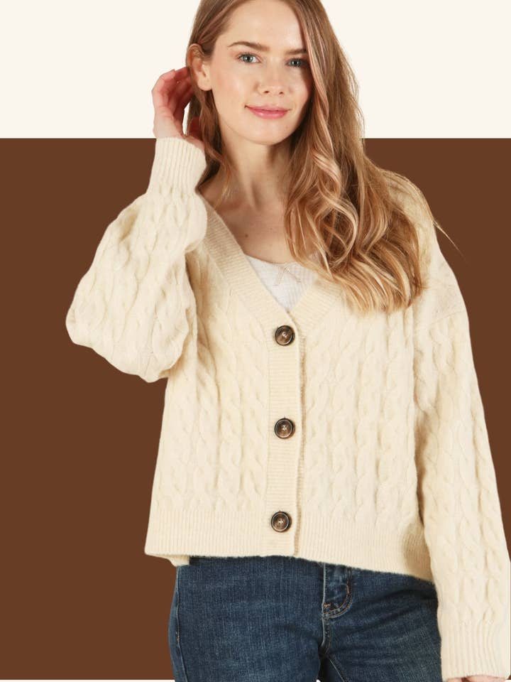 Cable knit down sweater cardigan for wholesale by P.S Kate