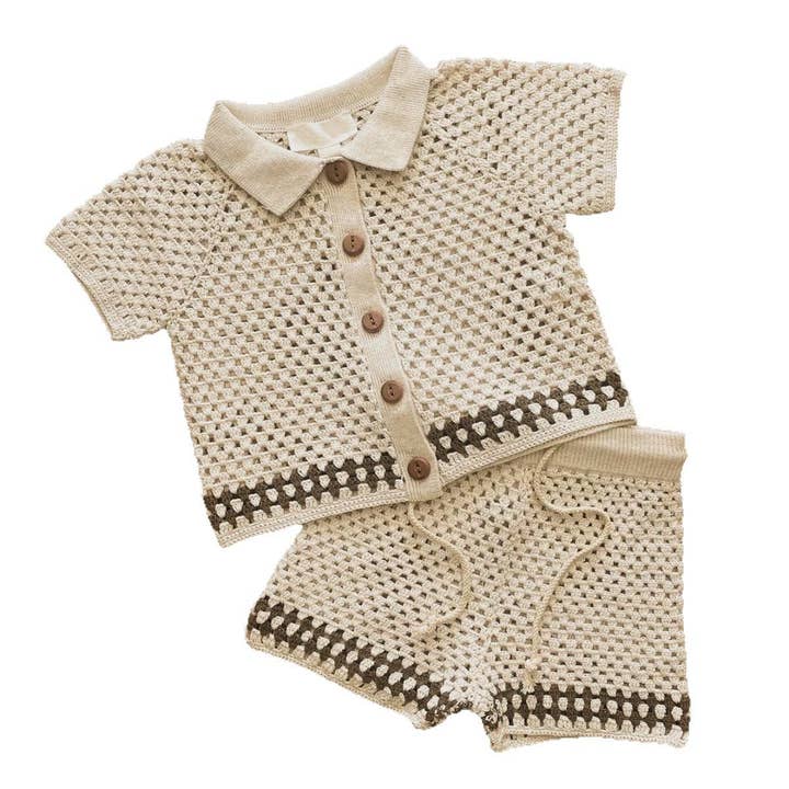 MyKids-USA® - Wholesale Top & Short Set - Baby - Summer Baby Kids Casual Simple Hollow Out Short Sleeves Top with Shorts Knitted Clothing Set