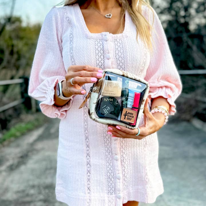 Boho Ranch Shop - Vente Trousses de maquillage/cosmétique - Trousse de toilette transparente en cuir de vachette - Sac de voyage pour maquillage7