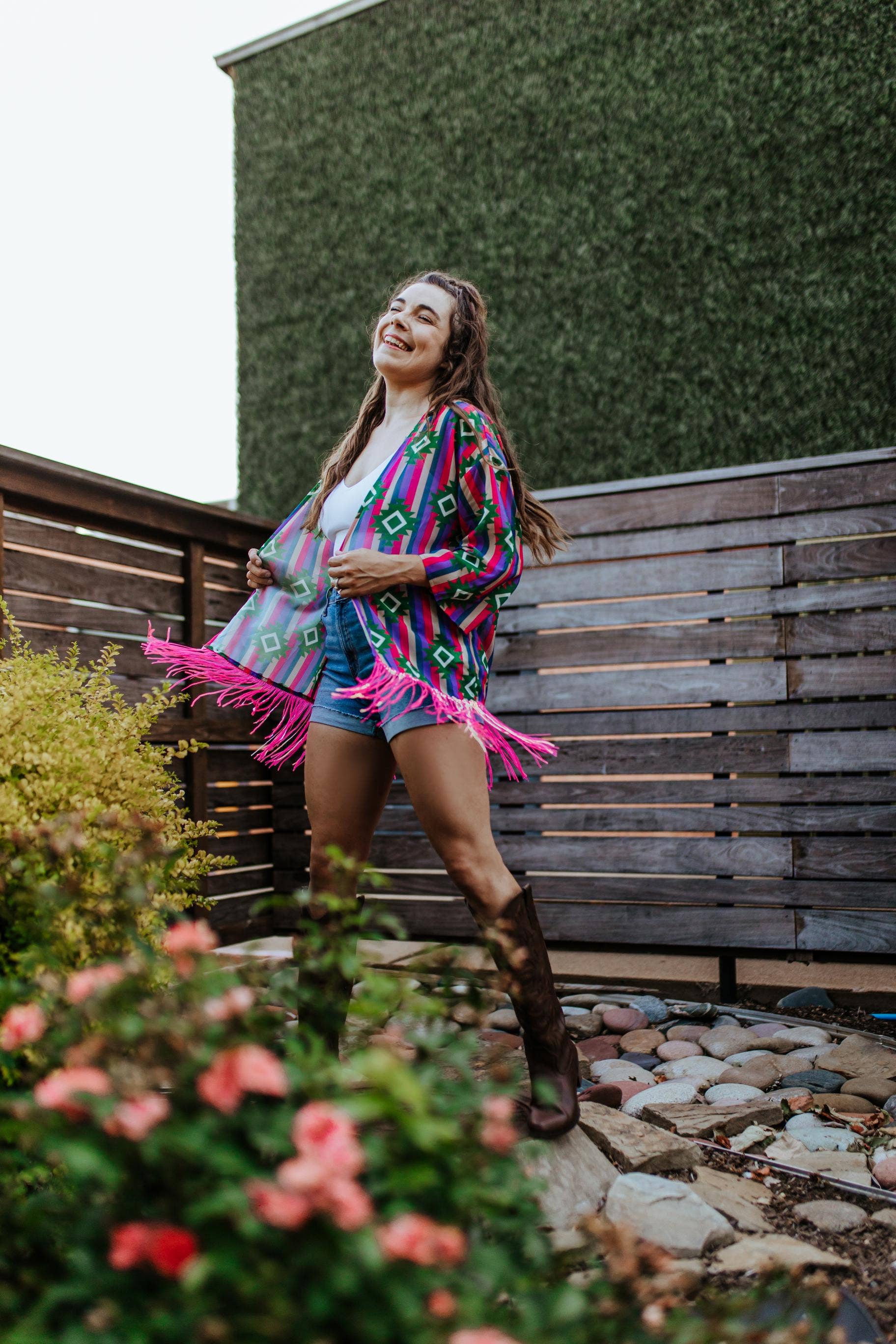 Pink MK364 Guadalupe Sheer Aztec Kimono with Sequin Fringe for wholesale on Faire2